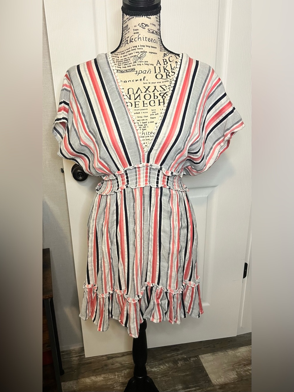 Striped V-Neck Women’s Swim Coverup Dress in Pink, Gray & White
